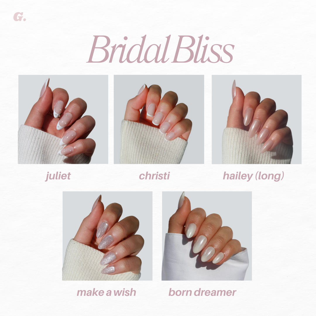 An image showcases five exquisite designs from Glowie By Her's Bridal Bliss Collection (20% Off): "juliet" with light pink nails, "christi" glossy pink, "hailey (long)" almond-shaped press-ons, "make a wish" with glittery tips, and "born dreamer" in subtle French tip pink.