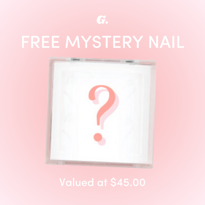 A pink gradient background with a white box features a large question mark at the center. Text above reads "FREE $45 Mystery Nail," and below "By Glowie Co." Discover our 100% vegan & cruelty-free collection while exploring this exciting offer!