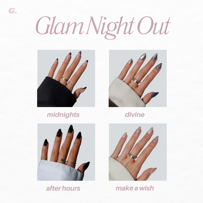 Four images of hands showcase Glowie By Her's Glam Night Out collection, each with unique styles: "midnights" (dark), "divine" (chrome glitter), "after hours" (black), and "make a wish" (light sparkle). Rings adorn fingers, complementing the almond shape. Enjoy 20% off!.