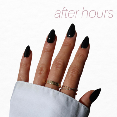 A hand with long, glossy black, almond-shaped nails and two gold rings is visible. The person wears a white shirt. "After hours" in light pink hints at the Glam Night Out Collection by Glowie By Her (20% Off). The background is plain white.