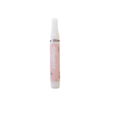 A white and pink nail glue pen labeled "Glowie Co." is ideal for achieving perfect nails. The pen comes with instructions to twist in the indicated direction to open it. The background is plain white.